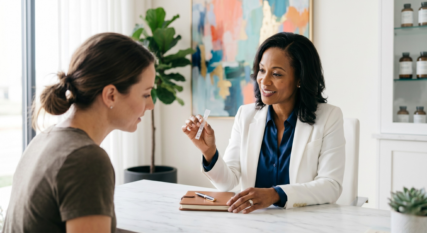 Healthcare provider showing oral dissolving peptide strip to patient during consultation