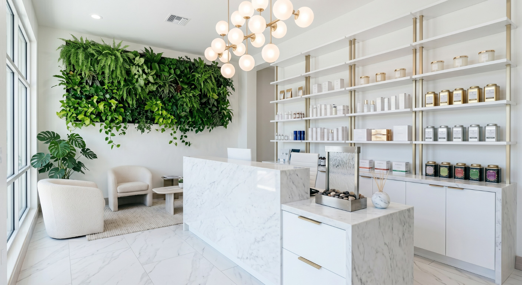 Upscale wellness center reception with living green wall